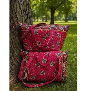 Vintage 1999 Vera Bradley Red Maple Coin‎ Weekender Travel Bag Set of 2
